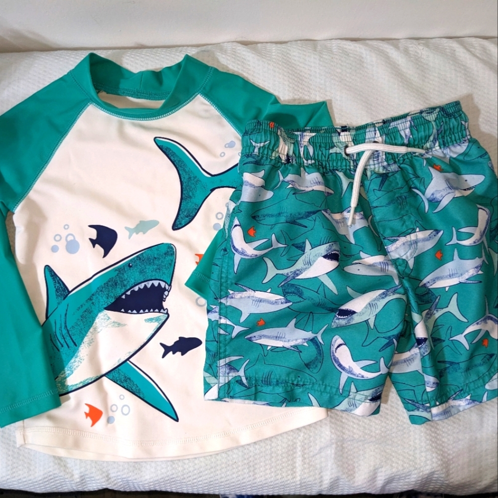 🥽 Child of Mine Shark Swim Trunks & Rashguard Aqua Toddler 3T - Picture 1 of 10